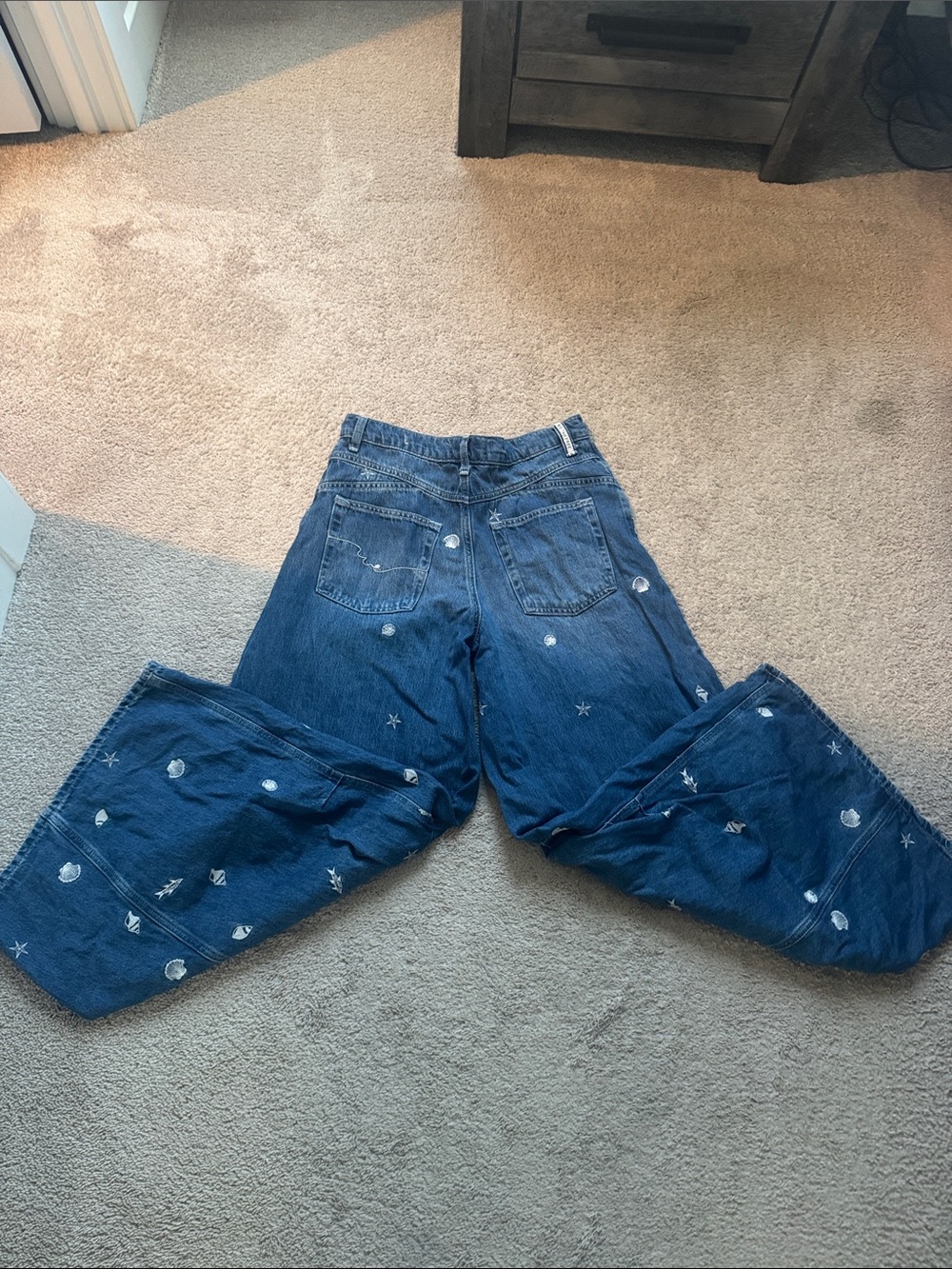 We The Free Wide Leg Embroidered Blue Denim Jeans - Picture 7 of 7